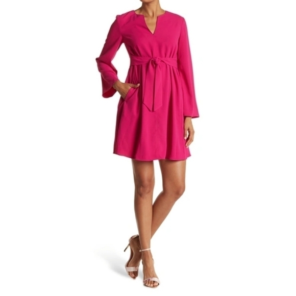 TRINA Turk Gene Split Neck Long Sleeve Tie Waist Dress In Magenta Size: XS - Picture 2 of 15